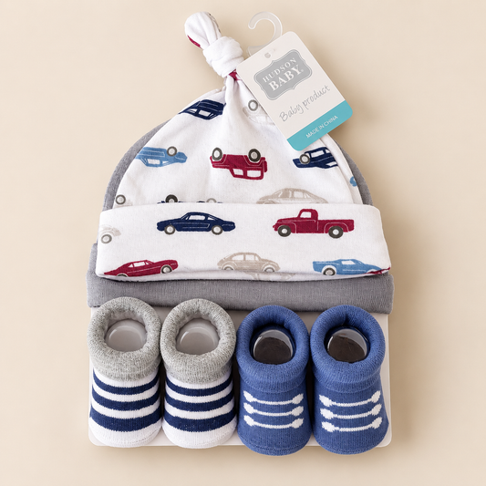 Little Racer Caps & Socks – 4 Piece Set | 0-6 Months