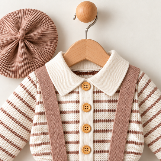 Mocha Stripe Woolen Knit Dungaree Set