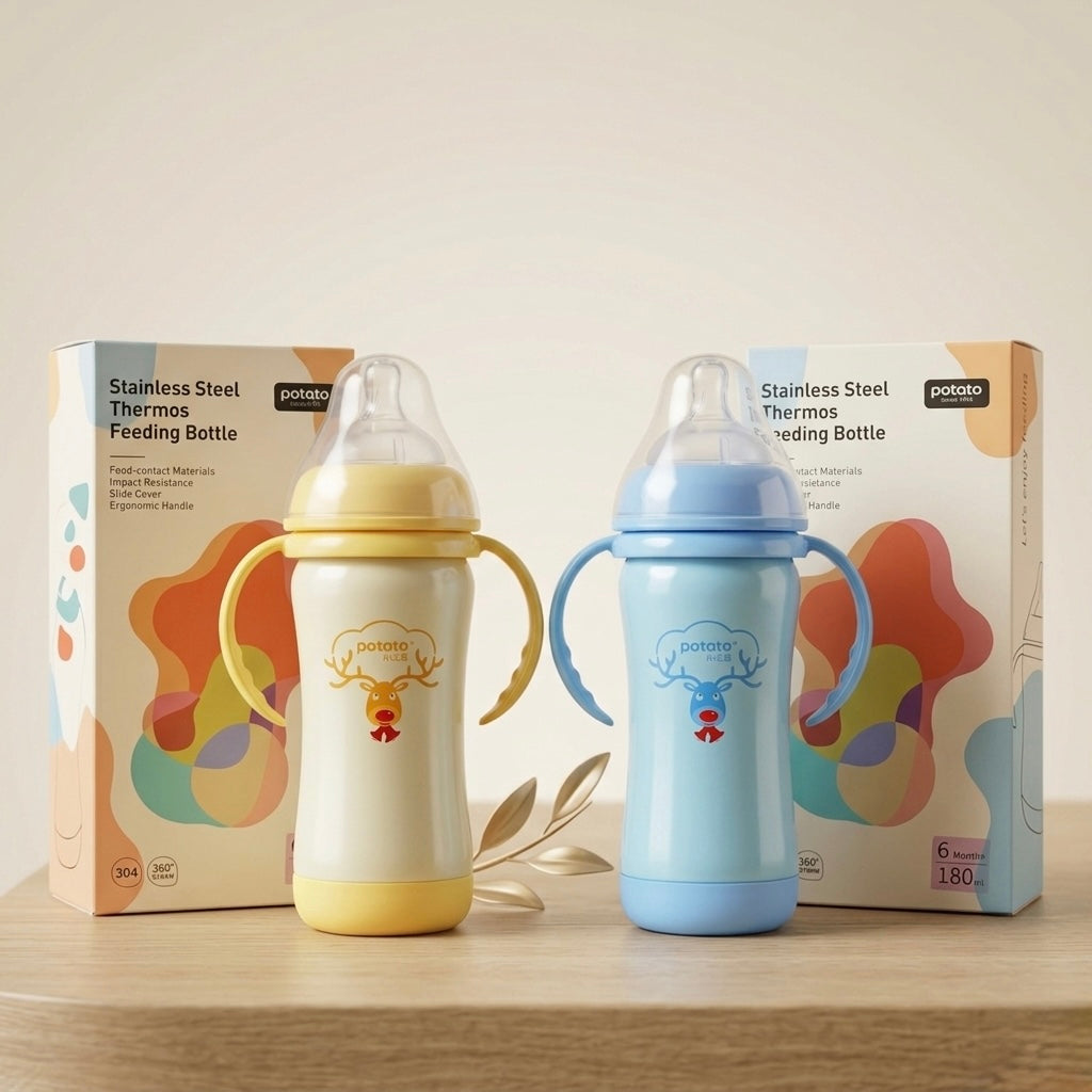 Potato stainless steel thermos feeding bottles 180ml in yellow and blue with packaging
