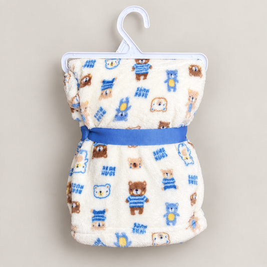 Teddy Heritage plush baby blanket with blue bear print and ribbon