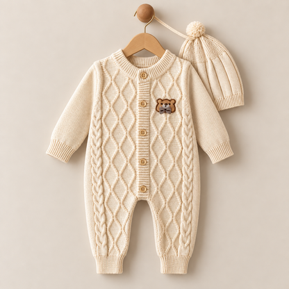 Teddy Charm Woolen Knit Romper & Cap Set – Cream