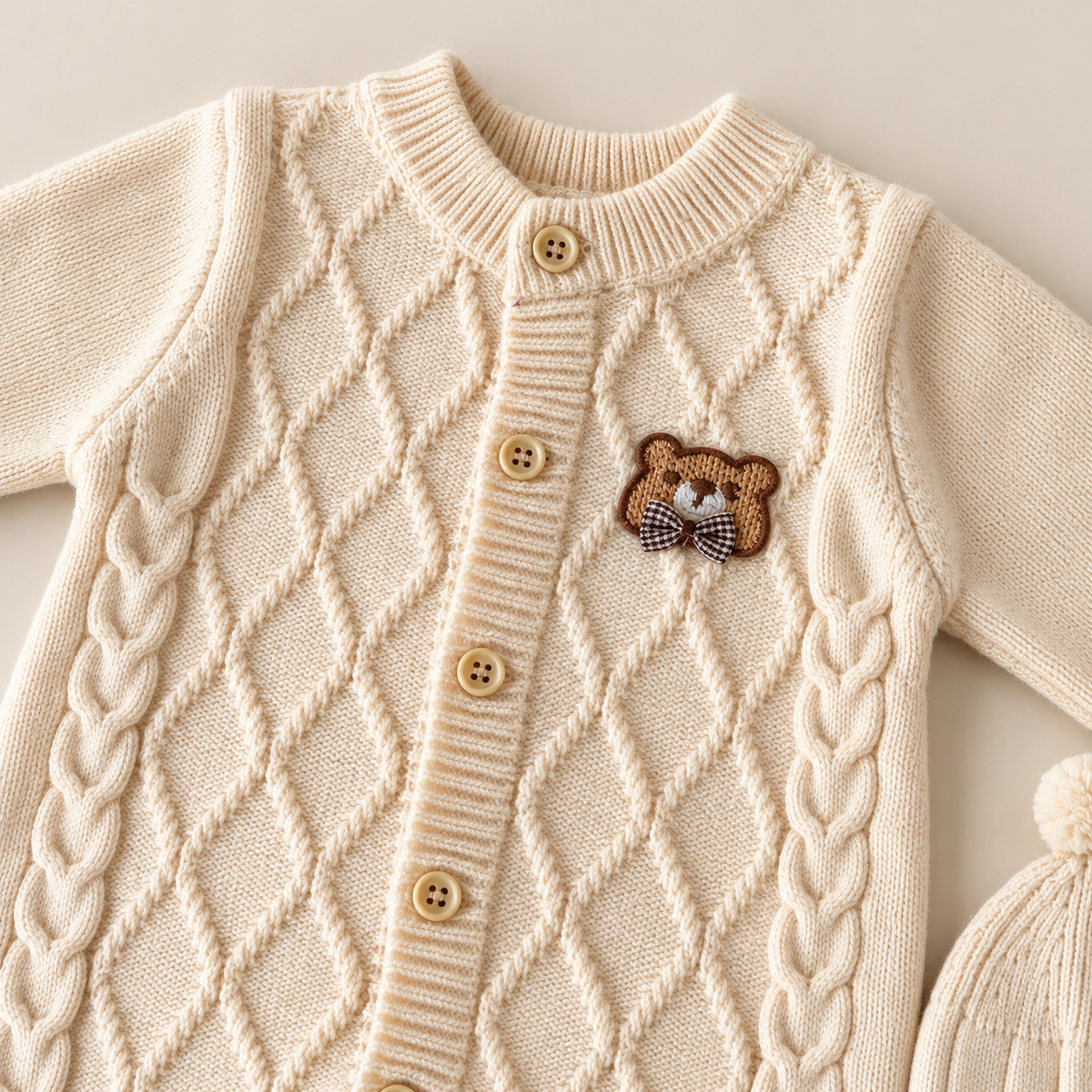 Teddy Charm Woolen Knit Romper & Cap Set – Cream