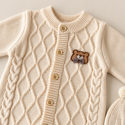 Teddy Charm Woolen Knit Romper & Cap Set – Cream