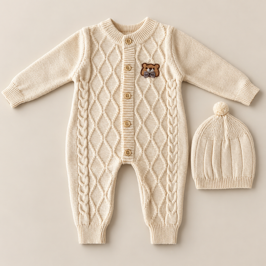 Teddy Charm Woolen Knit Romper & Cap Set – Cream