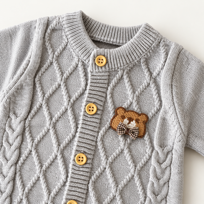 Teddy Charm Woolen Knit Romper & Cap Set – Gray