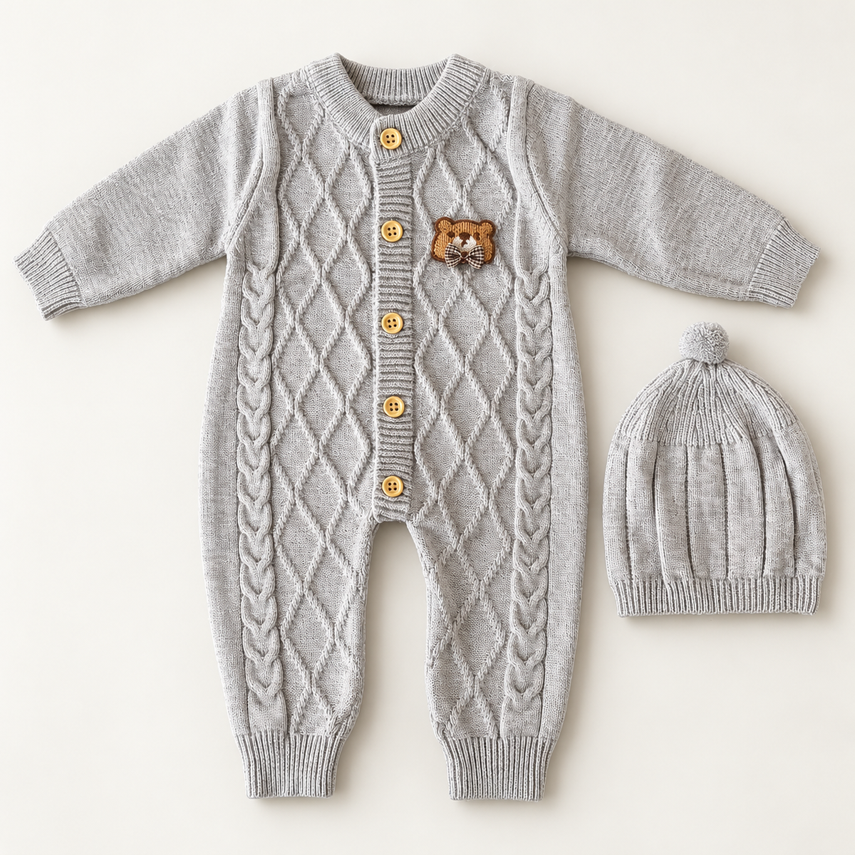 Teddy Charm Woolen Knit Romper & Cap Set – Gray