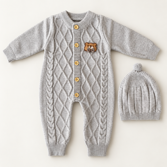 Teddy Charm Woolen Knit Romper & Cap Set – Gray