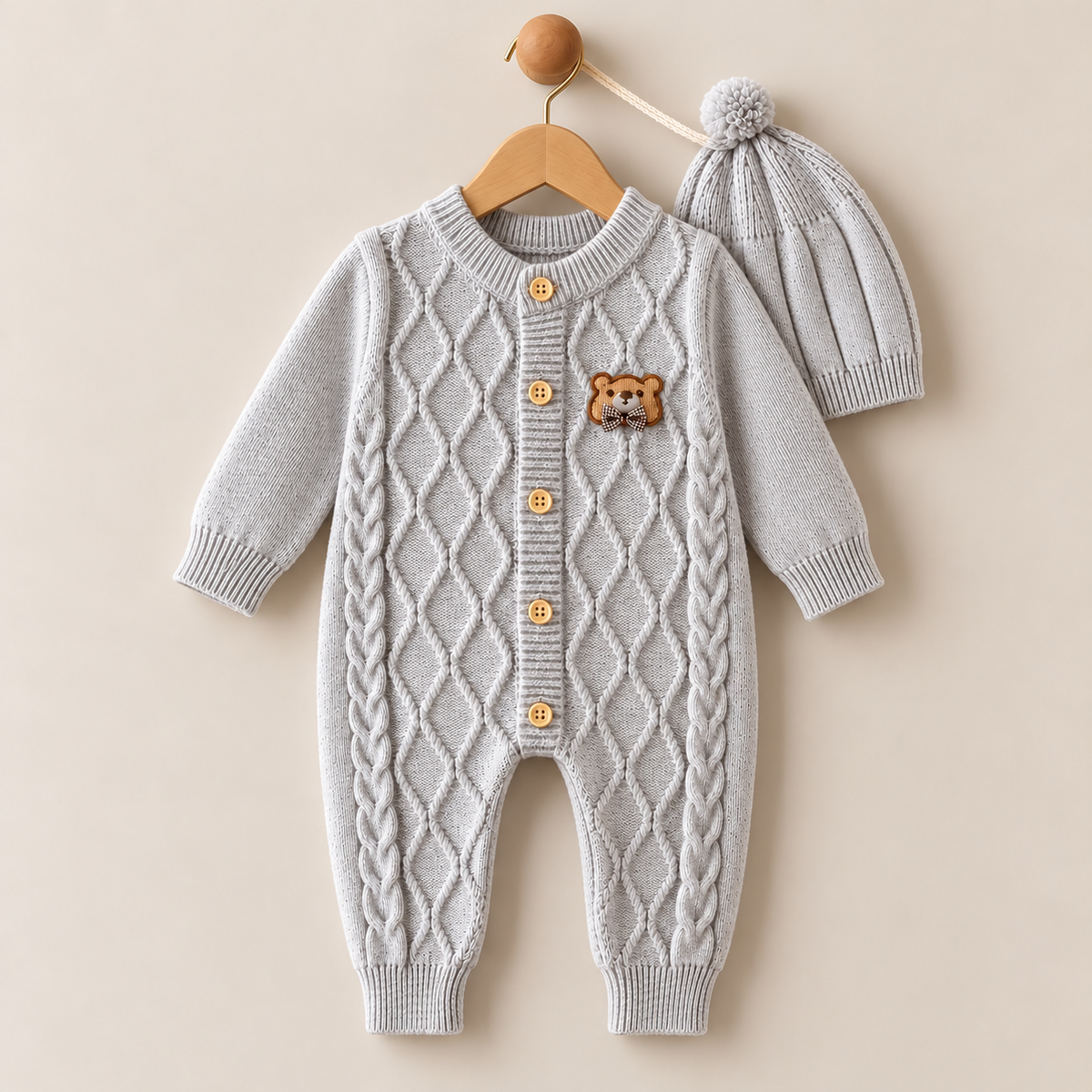 Teddy Charm Woolen Knit Romper & Cap Set – Gray