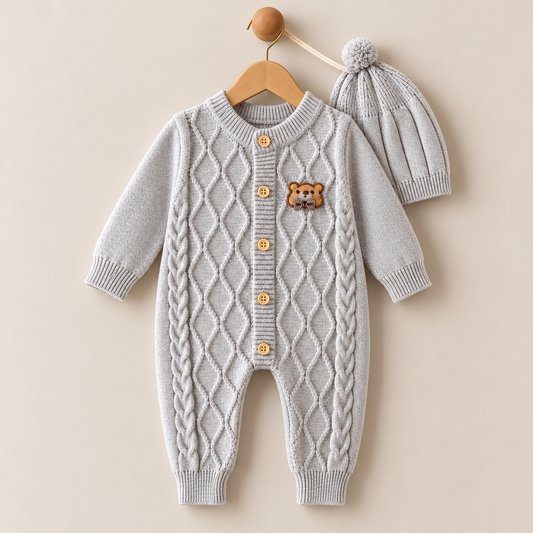 Teddy Charm Woolen Knit Romper & Cap Set – Gray