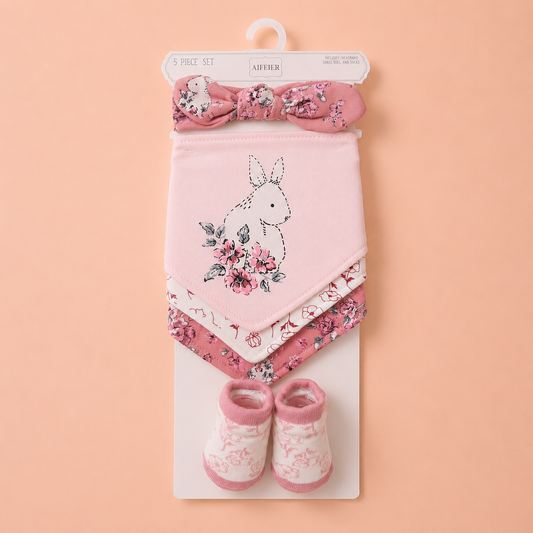 Floral Bunny Bib, Headband & Socks - 5 Piece Set