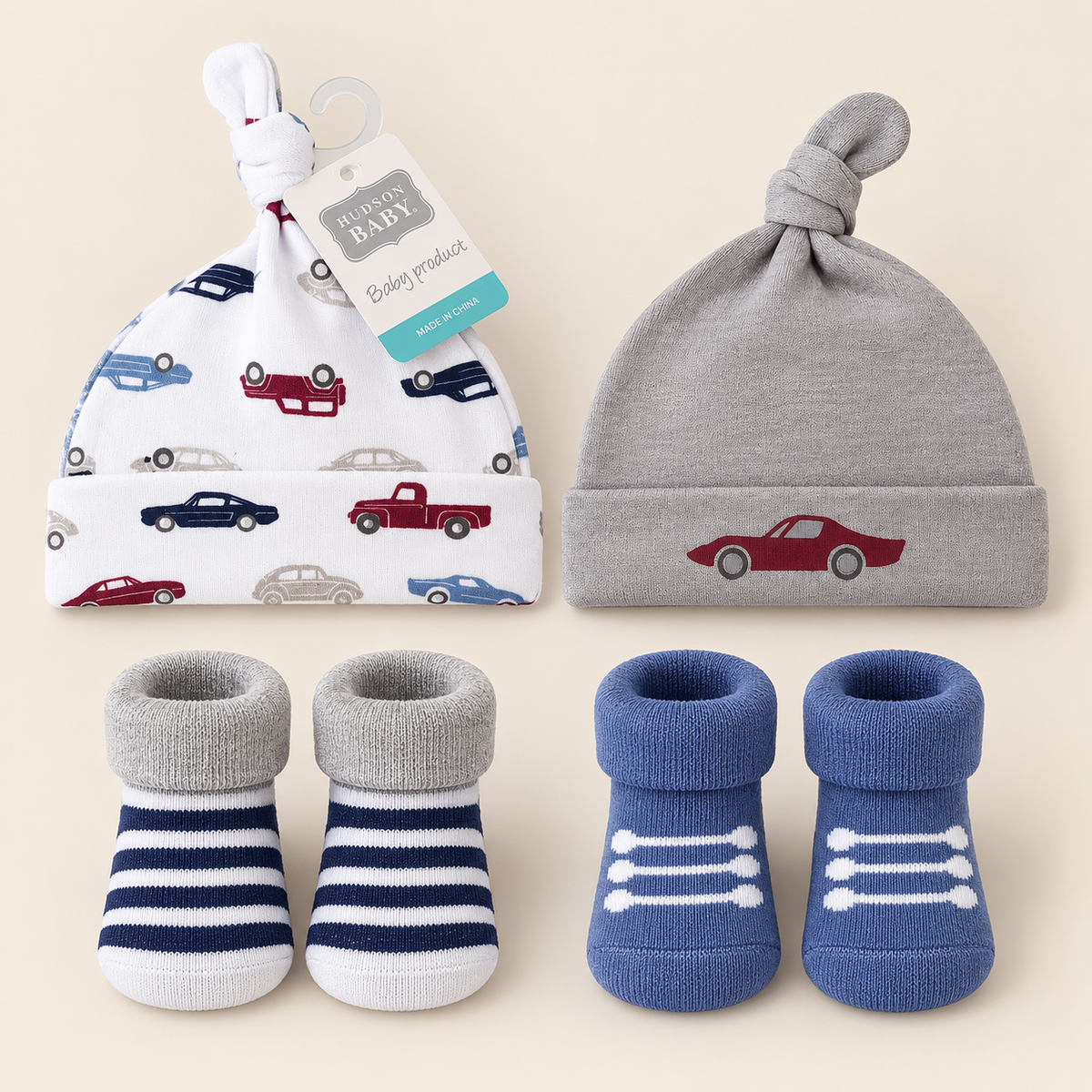 Little Racer Caps & Socks – 4 Piece Set | 0-6 Months