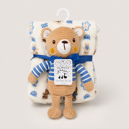 Teddy Heritage plush baby blanket and teddy toy set with blue bear print