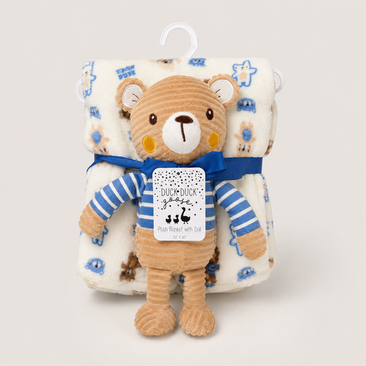 Teddy Heritage plush baby blanket and teddy toy set with blue bear print