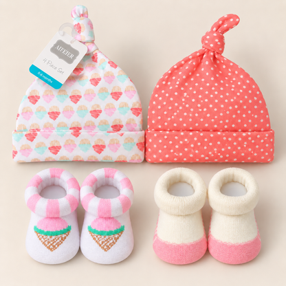 Sweet Sprinkles Caps & Socks – 4 Piece Set | 0–6 Months
