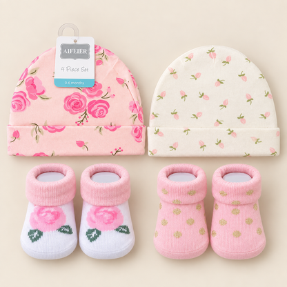Floral Grace Caps & Socks – 4 Piece Set | 0–6 Months