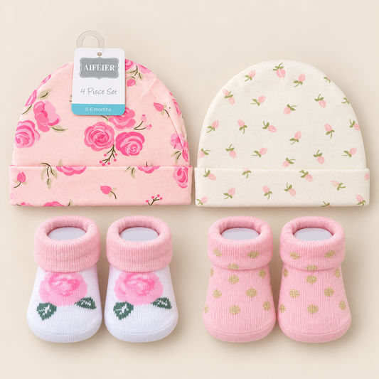 Floral Grace Caps & Socks – 4 Piece Set | 0–6 Months