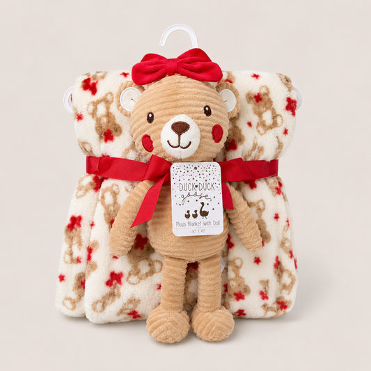 Teddy Romance plush baby blanket and teddy toy set with red bow print