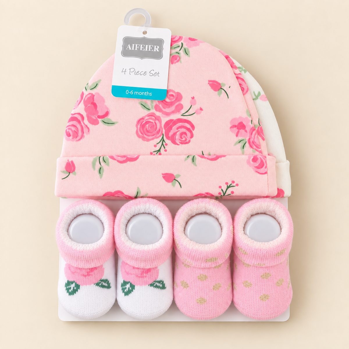 Floral Grace Caps & Socks – 4 Piece Set | 0–6 Months