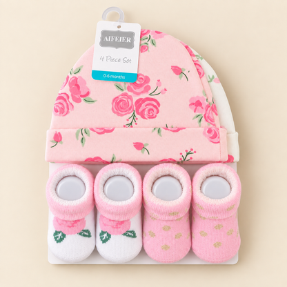 Floral Grace Caps & Socks – 4 Piece Set | 0–6 Months