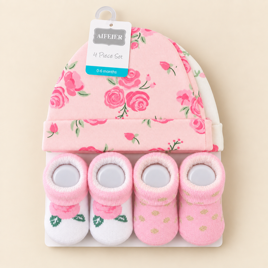 Floral Grace Caps & Socks – 4 Piece Set | 0–6 Months