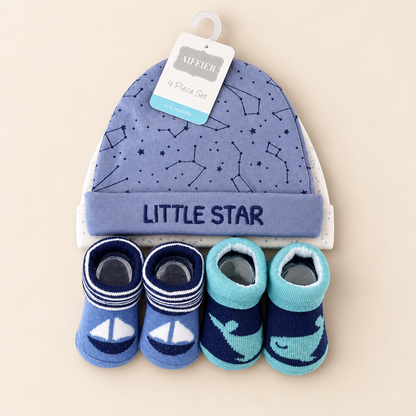 Little Star Caps & Socks – 4 Piece Set | 0–6 Months