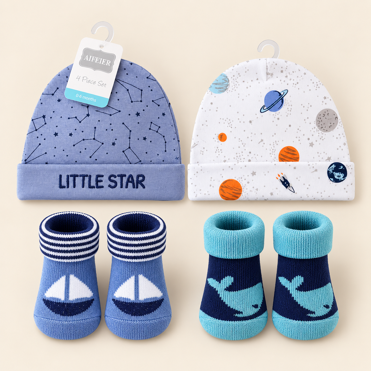 Little Star Caps & Socks – 4 Piece Set | 0–6 Months