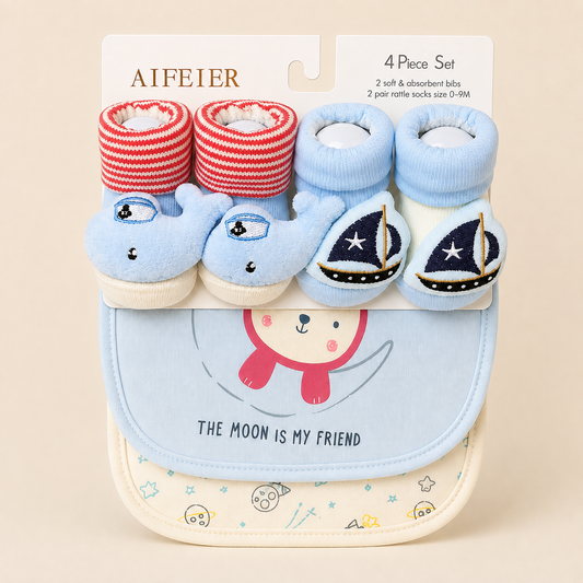 Moonlight Bibs & Comfy Character Socks – 4 Piece Set