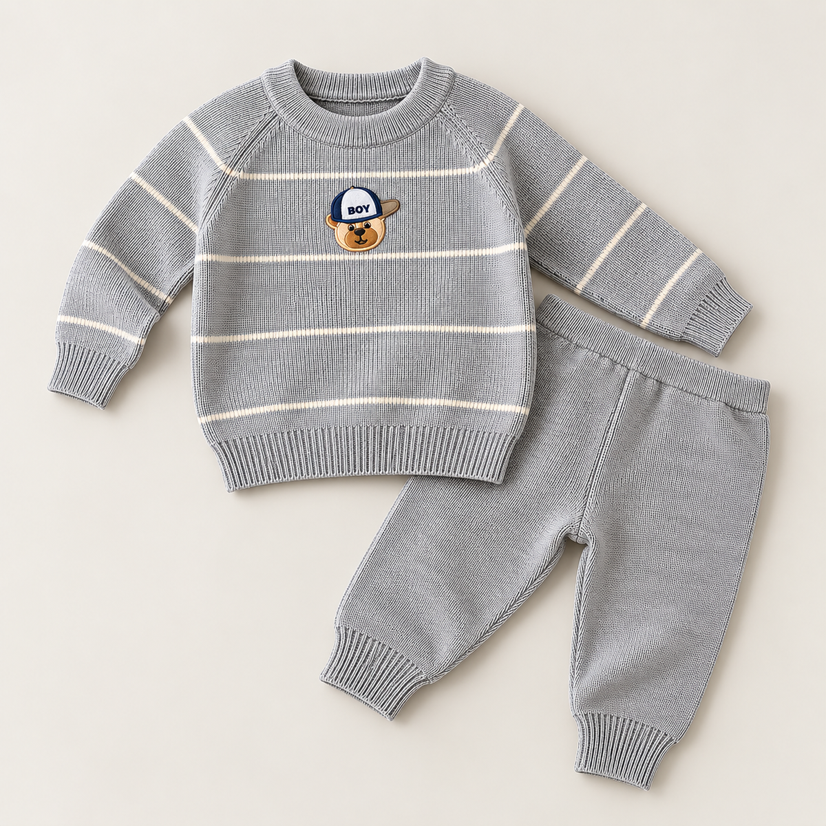 Captain Bear Woolen Knit Co-ord Set – Gray & White