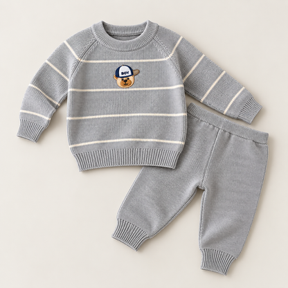 Captain Bear Woolen Knit Co-ord Set – Gray & White