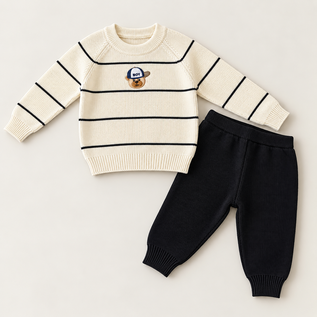 Captain Bear Woolen Knit Co-ord Set – Cream & Black