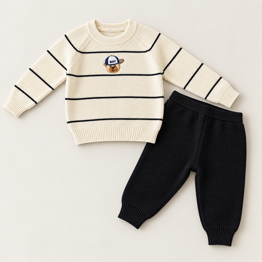 Captain Bear Woolen Knit Co-ord Set – Cream & Black