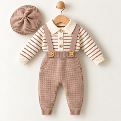 Mocha Stripe Woolen Knit Dungaree Set