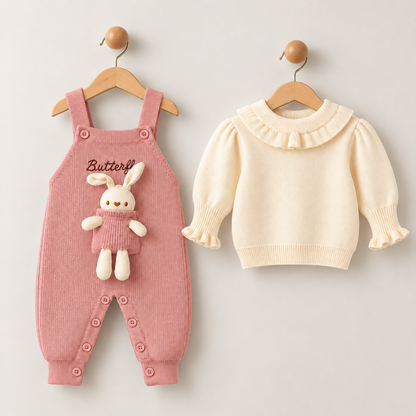 Little Bunny Woolen Dungaree Set – Blush Pink