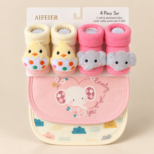 Pretty Pals Bibs & Comfy Character Socks – 4 Piece Set