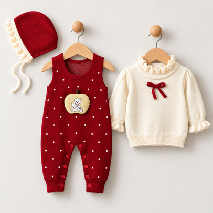 Apple Charm Woolen Romper Set