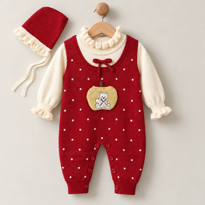 Apple Charm Woolen Romper Set
