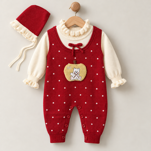 Apple Charm Woolen Romper Set