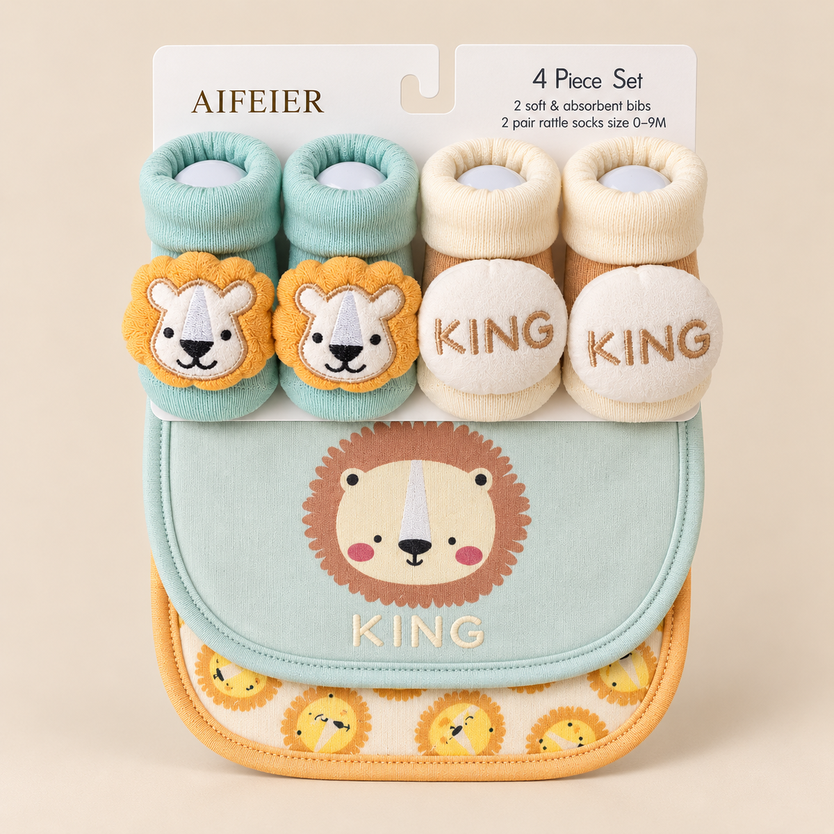 King Bibs & Comfy Character Socks – 4 Piece Set