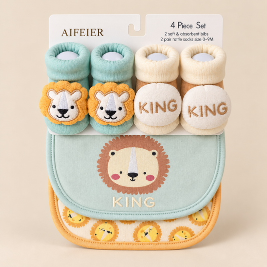 King Bibs & Comfy Character Socks – 4 Piece Set