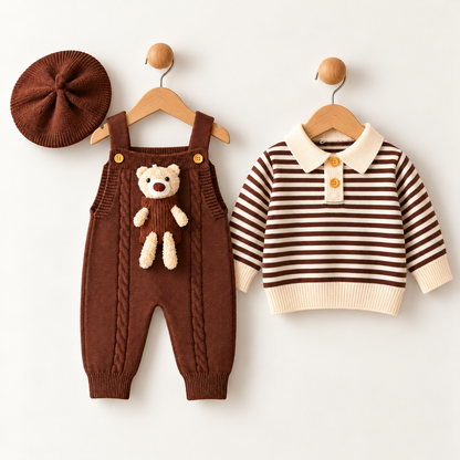 Cocoa Teddy Woolen Knit Dungaree Set