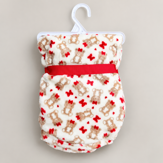 Teddy Romance plush baby blanket with teddy bear and red bow print