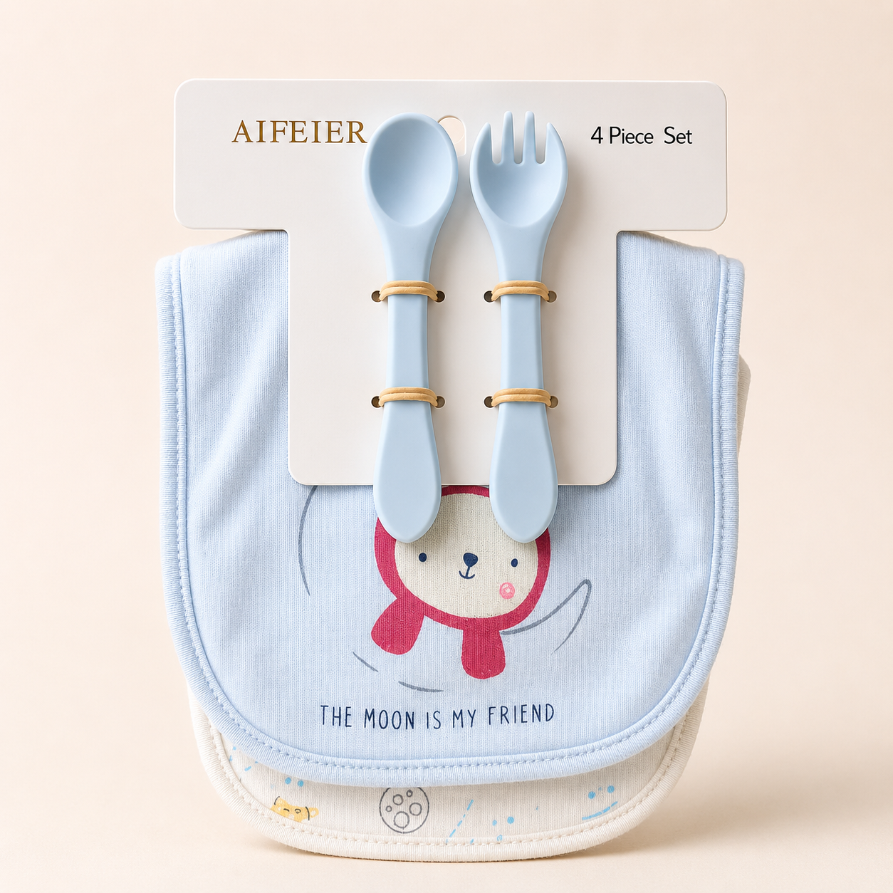 Moonlight Bear Bibs & Silicone Cutlery - 4 Piece Set
