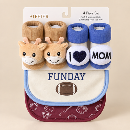 Little Champ Bibs & Comfy Character Socks – 4 Piece Set